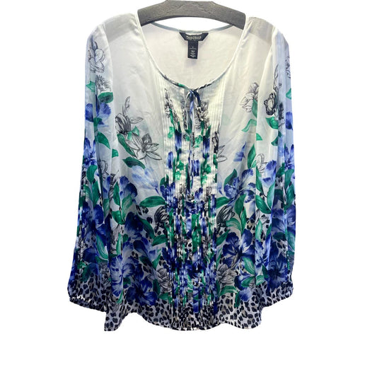 White House Black Market White Sheer Shirt with Blue Green Floral Pattern