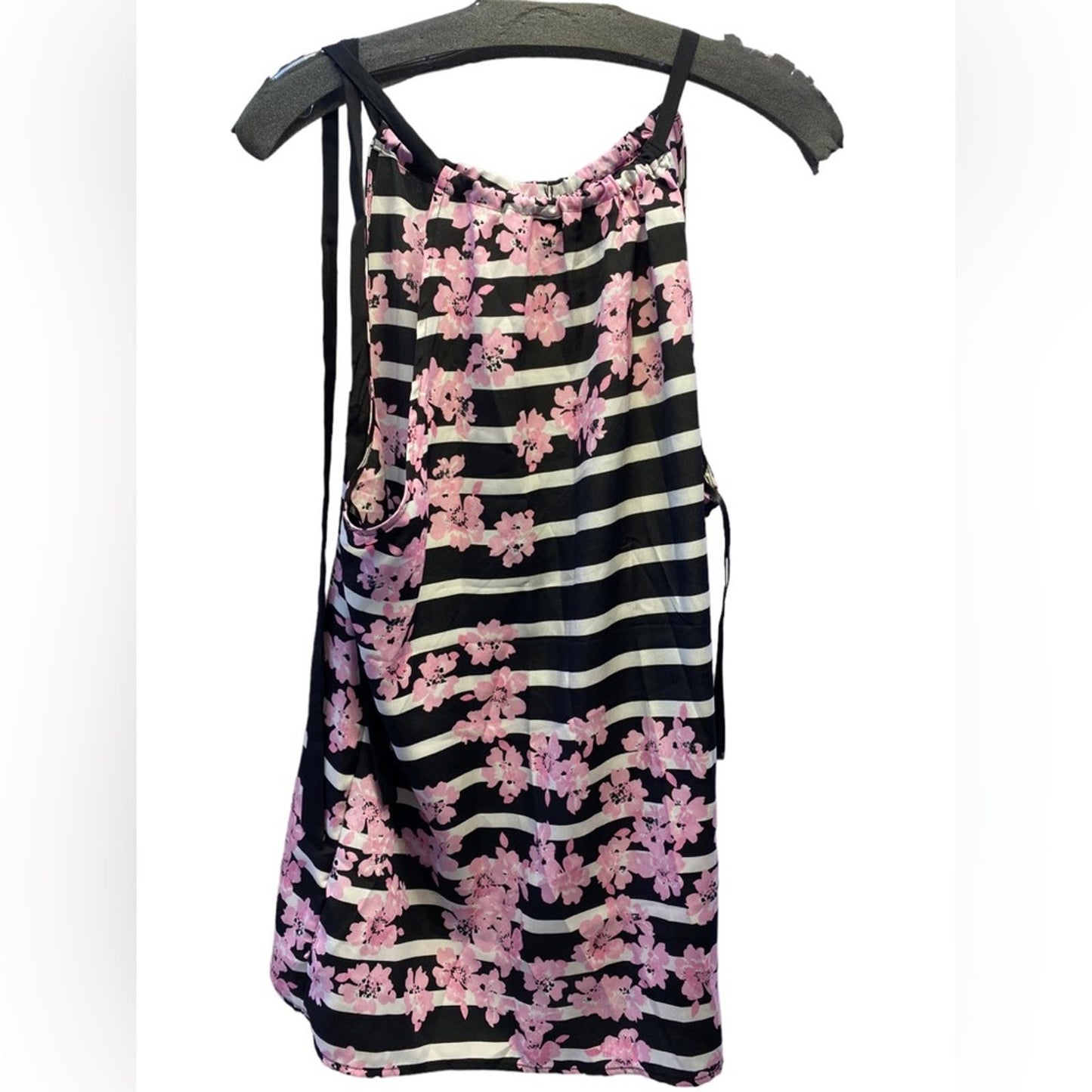 New York & Company Black White Stripes with Pink Floral print Tank Top
