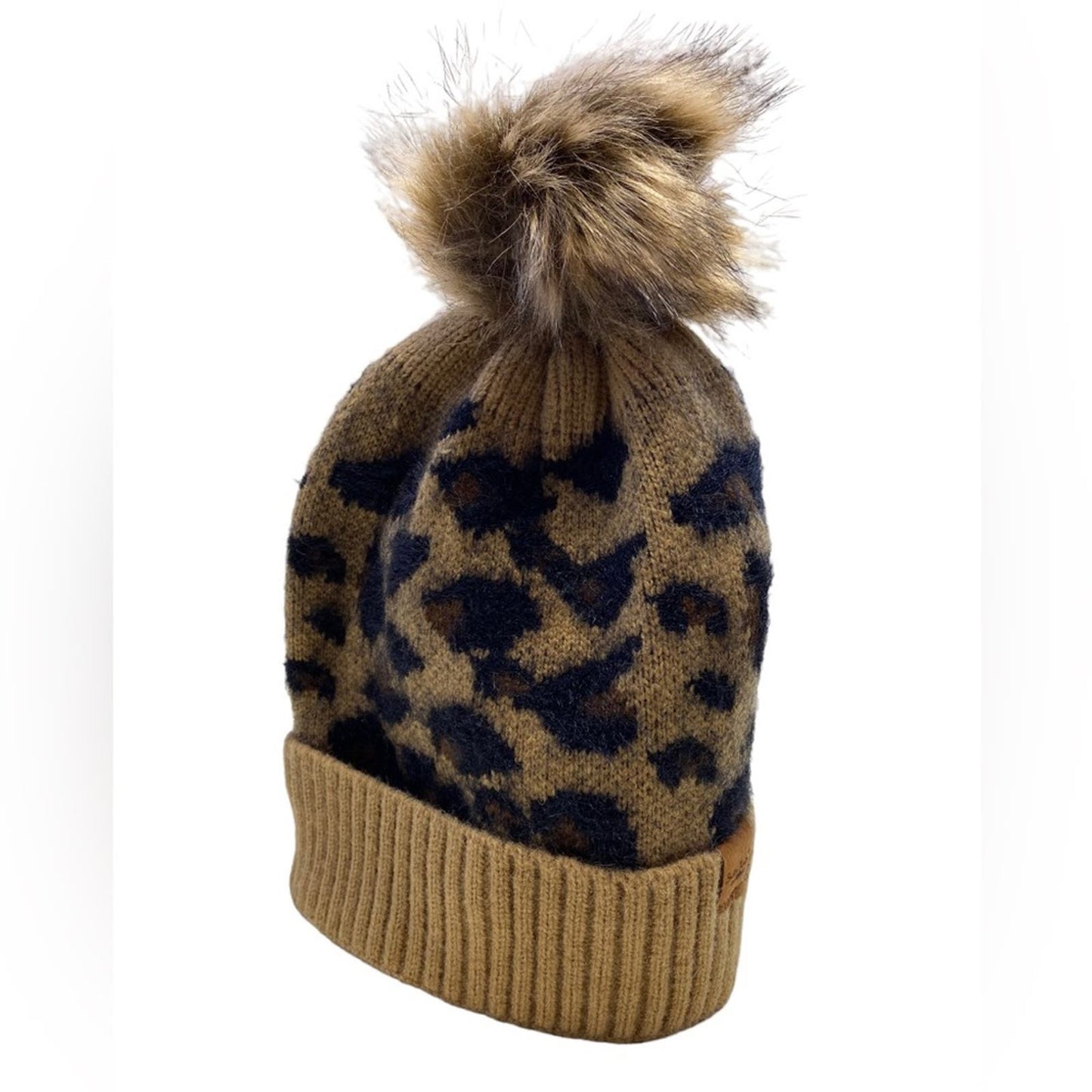 Britts Knits Tan Black Animal Print Hat with Pom