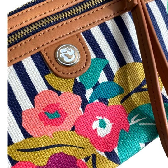 Spartina Cream Navy Wristlet with Leather accents