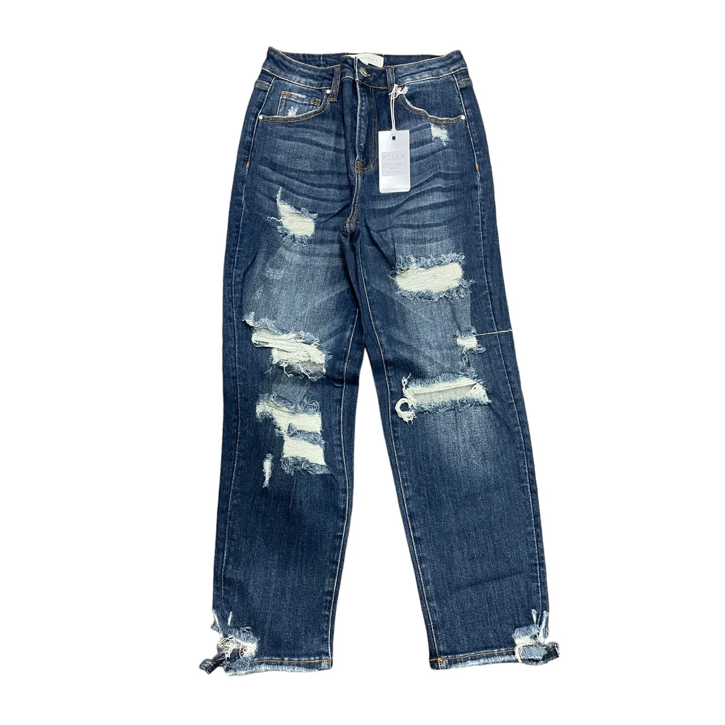 Risen Dark Denim High Rise Boyfriend Jeans Destroyed  Knees and at Heel