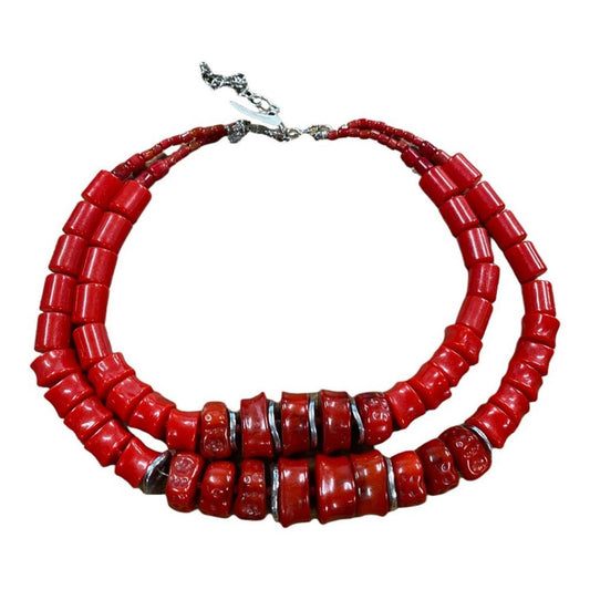 Chicos Large Red  Beaded Two Strand Necklace