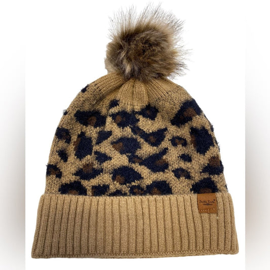 Britts Knits Tan Black Animal Print Hat with Pom