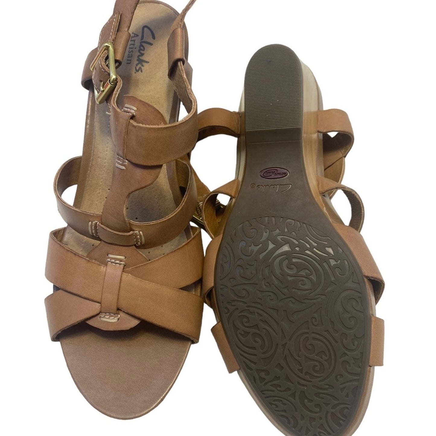 Clarks 10  Tan Brown Strappy Wedge Sandal