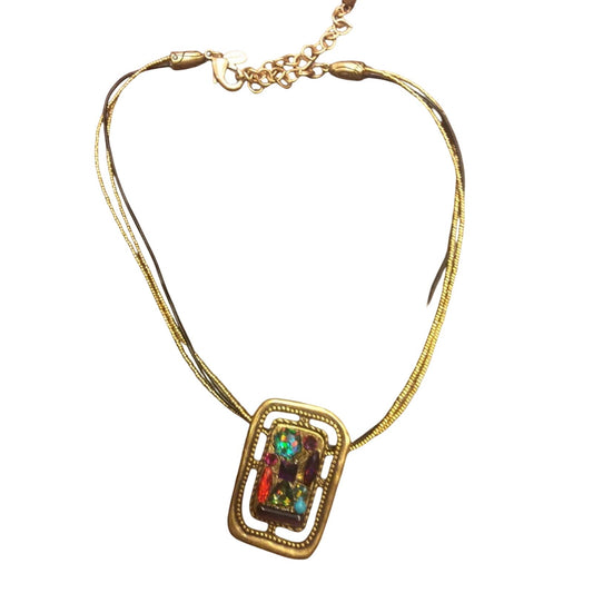 Chico’s necklace Gold Beaded Necklace with Rectangle Pendant
