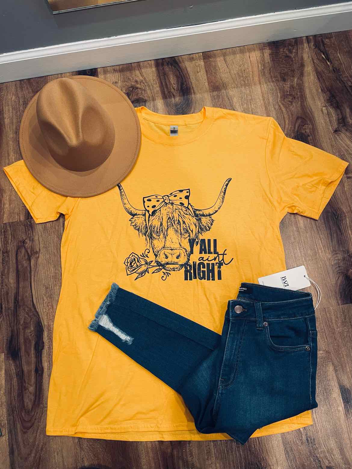 Y'all Aint Right Highland Cow Screen Print Shirt